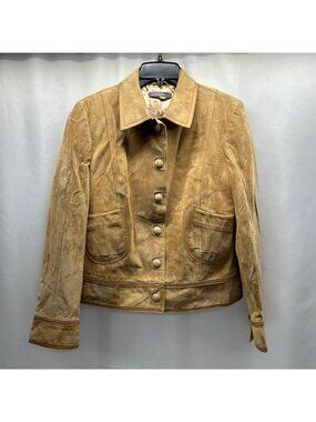 Liz Claiborne Womens Petite 14 Suede Tan Vintage Jacket With Floral Lining Butto
